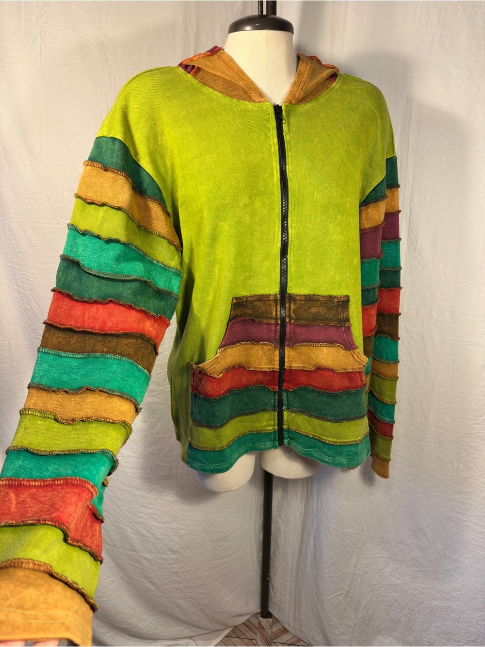 Rising International XL Nepal Hooded Patchwork Striped Zip Hoodie Boho Hippie - Picture 2 of 9